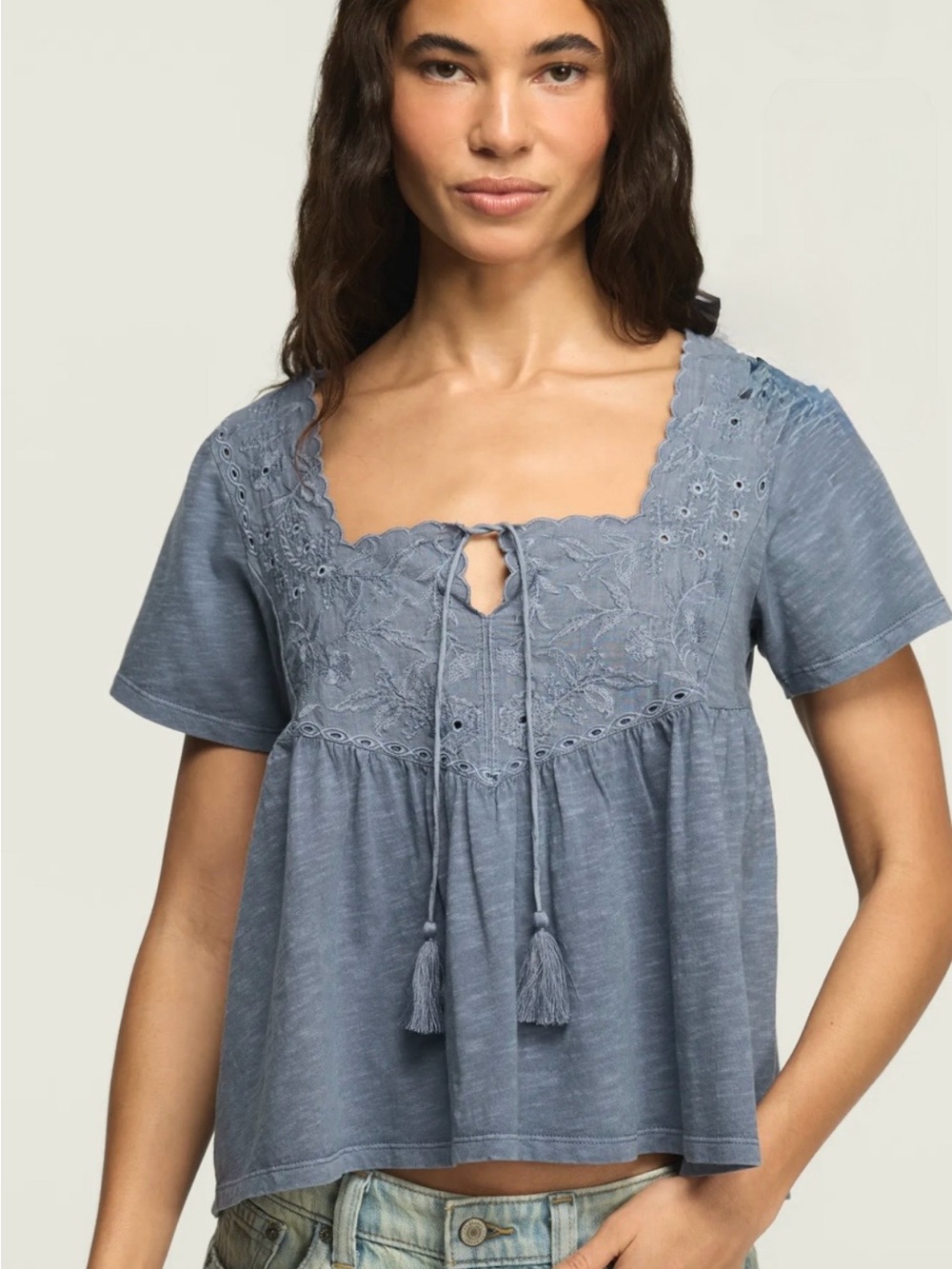 Lucky Brand Embroidered Yoke Tassle Top Grisaille Blue Size S